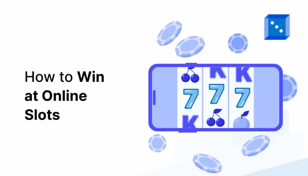 Illustration of a mobile phone displaying online slot game reels with cherries and sevens, alongside casino chips and the title "How to Win at Online Slots."